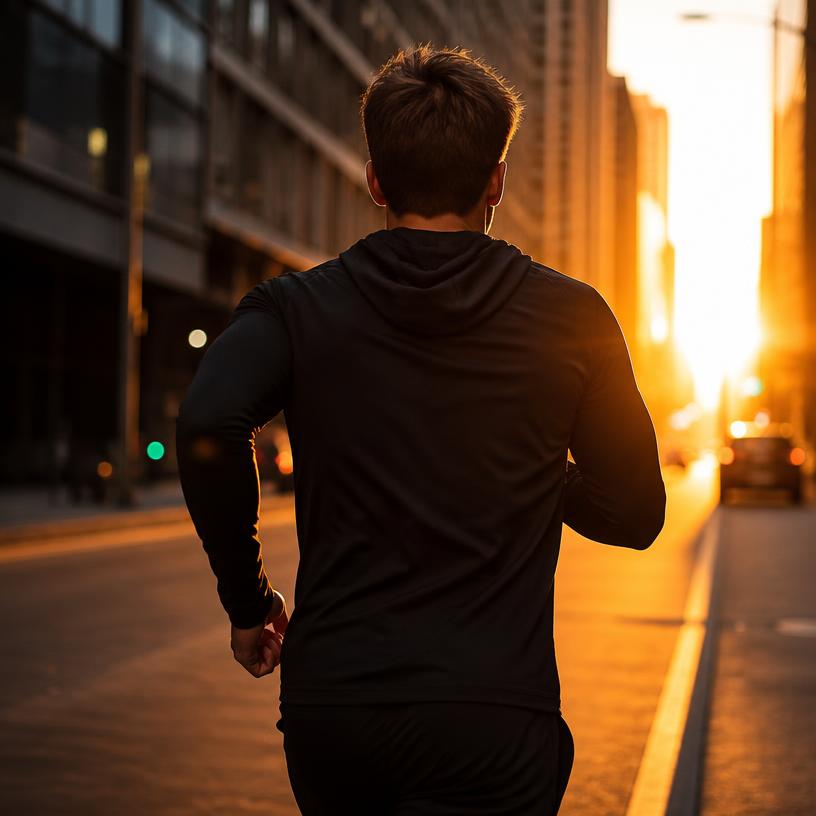 Man running at sunset wearing the black Stealth Aerofit hoodie